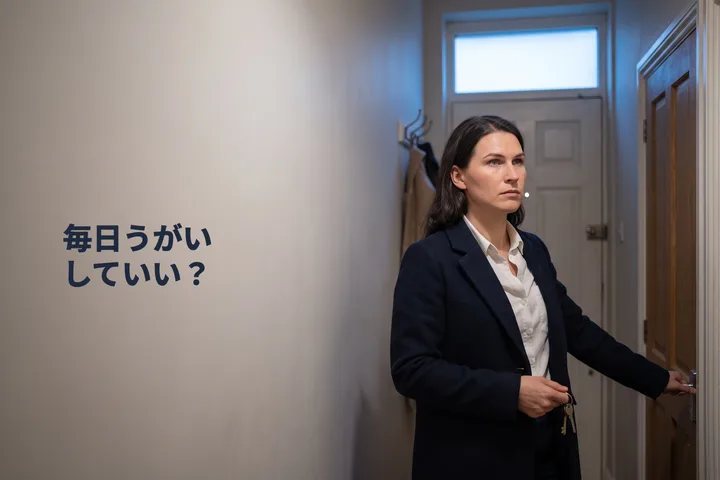 毎日うがいしていい？ — 8時すぎ、女性がコートを半分羽織ったまま玄関で立ち止まる