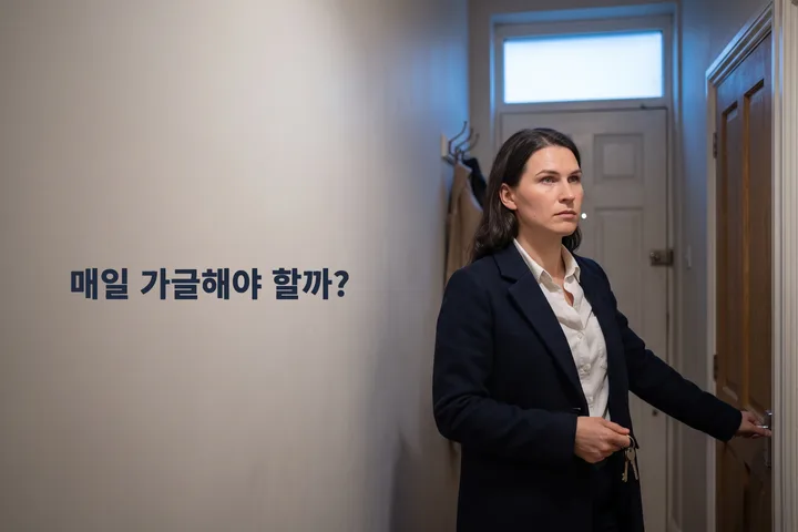매일 가글해야 할까? — 8시가 막 지난 시각, 코트를 반쯤 걸친 여성이 현관 복도에서 멈춰 선다