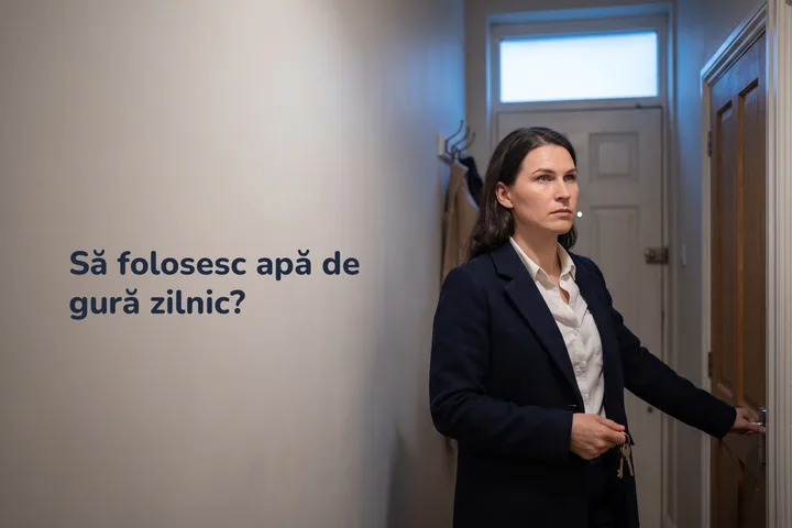 Să folosesc apă de gură zilnic? — o femeie se oprește pe hol, cu haina pe jumătate pusă, trecut de opt