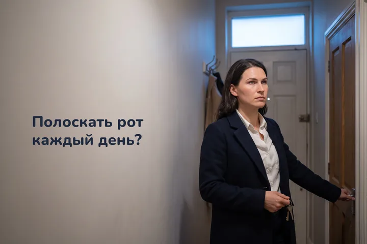 Полоскать рот каждый день? — женщина остановилась в прихожей, пальто накинуто, начало девятого