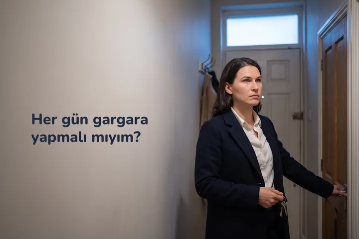 Her gün gargara yapmalı mıyım? — bir kadın sekizi biraz geçe koridorda duraklıyor, montu yarı giyik