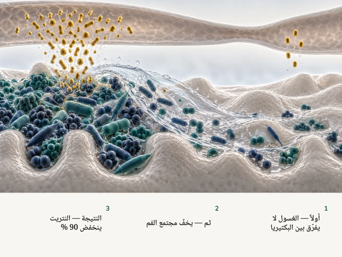 رسم توضيحي: غسول يجتاح البساط البكتيري المختلط على سطح اللسان، فيهبط تيار الجسيمات الذي يرسله نحو وعاء دموي إلى العُشر