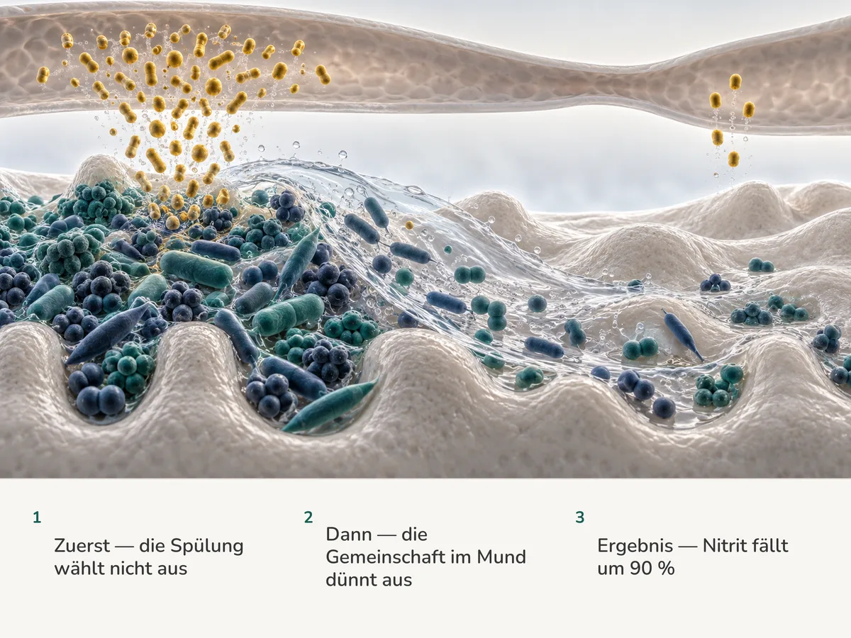 Illustration: eine Spülung wischt den gemischten Bakterienrasen auf der Zungenoberfläche fort, und der Strom von Teilchen, den er zu einem Blutgefäß schickt, fällt auf ein Zehntel