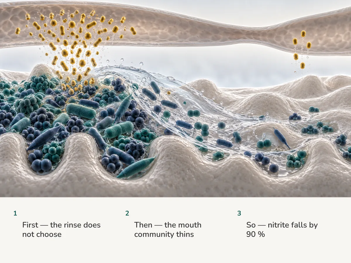 Illustration: a rinse sweeps the mixed bacterial mat on the tongue surface, and the stream of particles it sends toward a blood vessel falls to a tenth