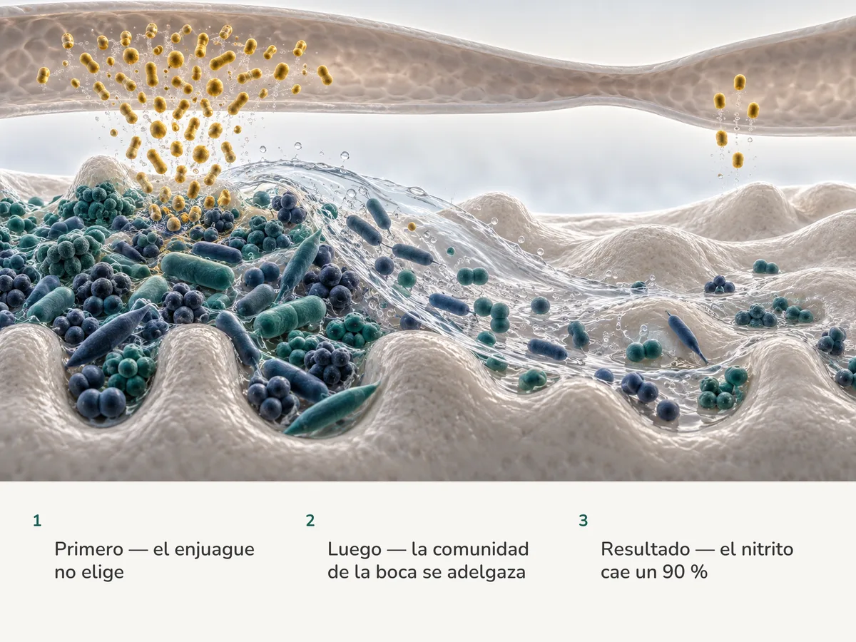 Ilustración: un enjuague barre el tapiz mixto de bacterias de la superficie de la lengua, y el flujo de partículas que este envía hacia un vaso sanguíneo cae a la décima parte