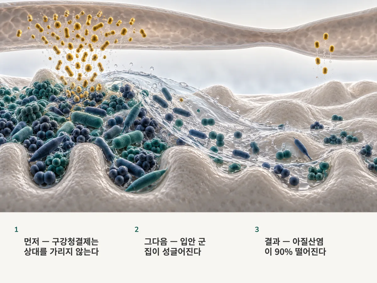 일러스트: 구강청결제가 혀 표면의 섞인 세균 막을 훑고, 혈관 쪽으로 보내지던 입자의 흐름이 10분의 1로 줄어든다