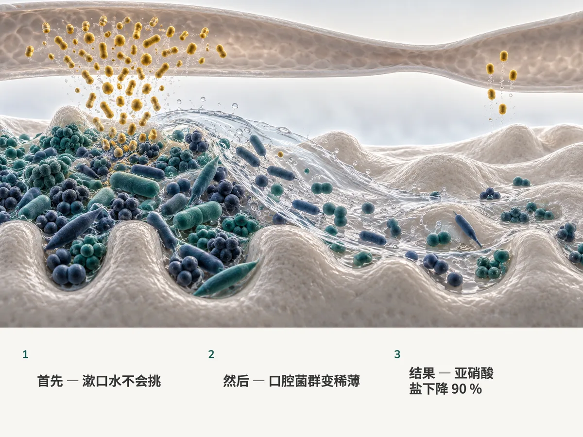 插图：漱口水扫过舌面上混杂的菌毯，它送往血管的颗粒流量降到十分之一