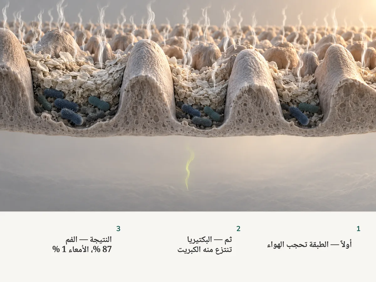 رسم توضيحي: أعمدة كثيرة من غاز الكبريت تتصاعد من بكتيريا في الطبقة على مؤخرة اللسان، بينما يرتفع من العمق تحتها عمود واحد رفيع