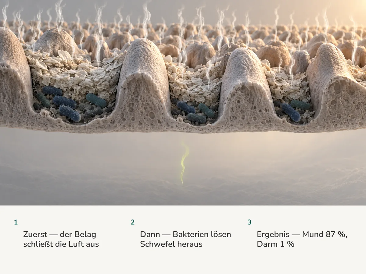 Illustration: viele Fahnen Schwefelgas steigen von Bakterien im Belag auf dem hinteren Zungenrücken auf, während aus der Tiefe darunter nur eine einzige dünne Fahne kommt