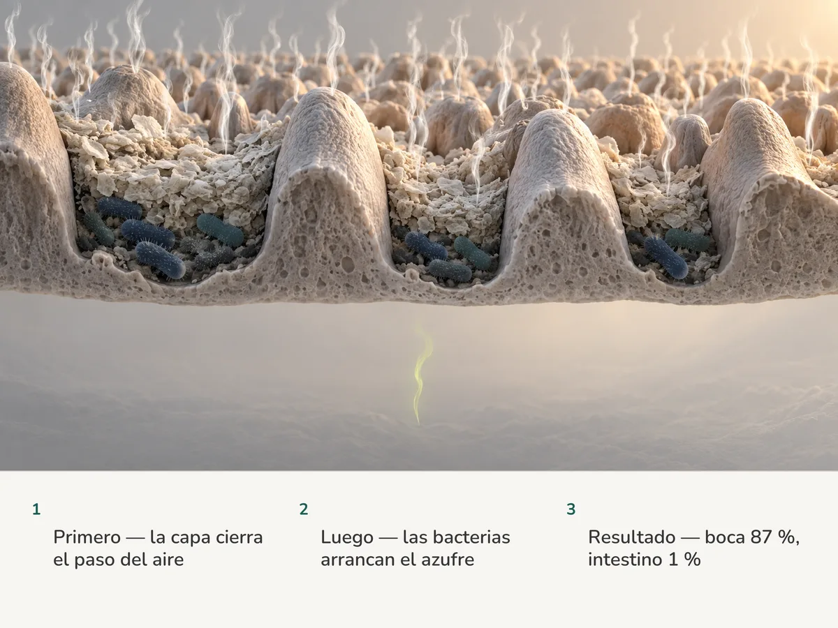 Ilustración: una multitud de columnas de gas sulfuroso sube de las bacterias de la capa del dorso posterior de la lengua, mientras una sola columna delgada sube desde la profundidad de abajo