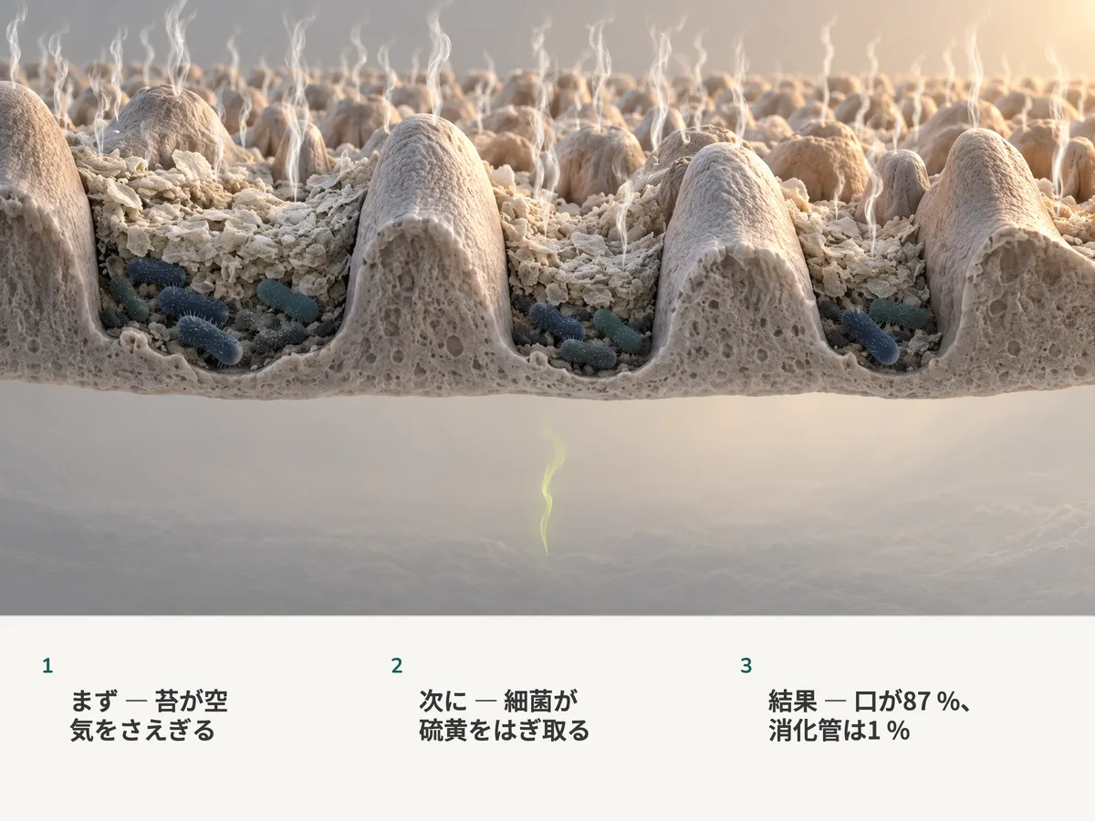 イラスト：舌の奥の苔にいる細菌から硫黄のガスがいくつも立ちのぼり、その下の深いところからは細い煙がひと筋だけのぼる