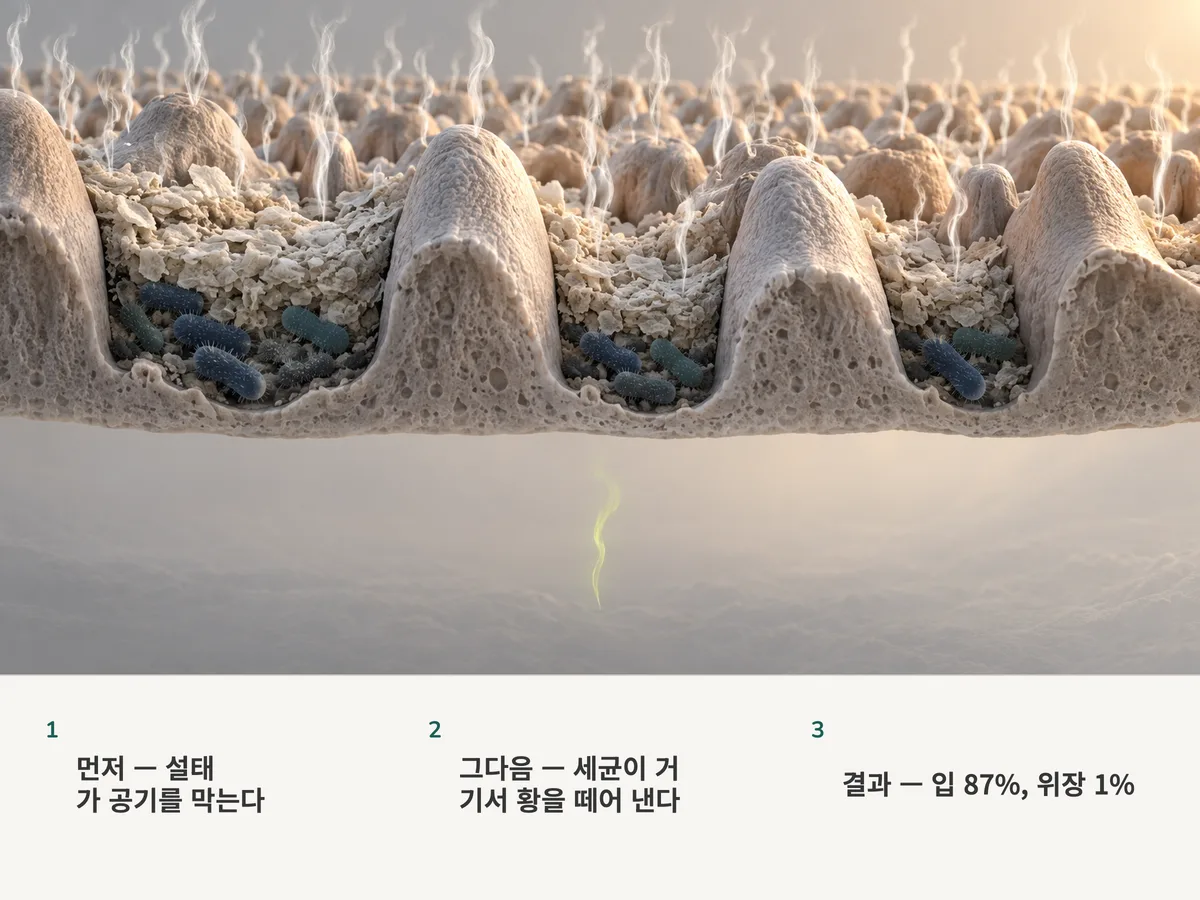 일러스트: 혀 뒤쪽 설태 속 세균에서 황 가스 줄기가 무리 지어 피어오르고, 그 아래 깊은 곳에서는 가는 줄기 하나만 올라온다