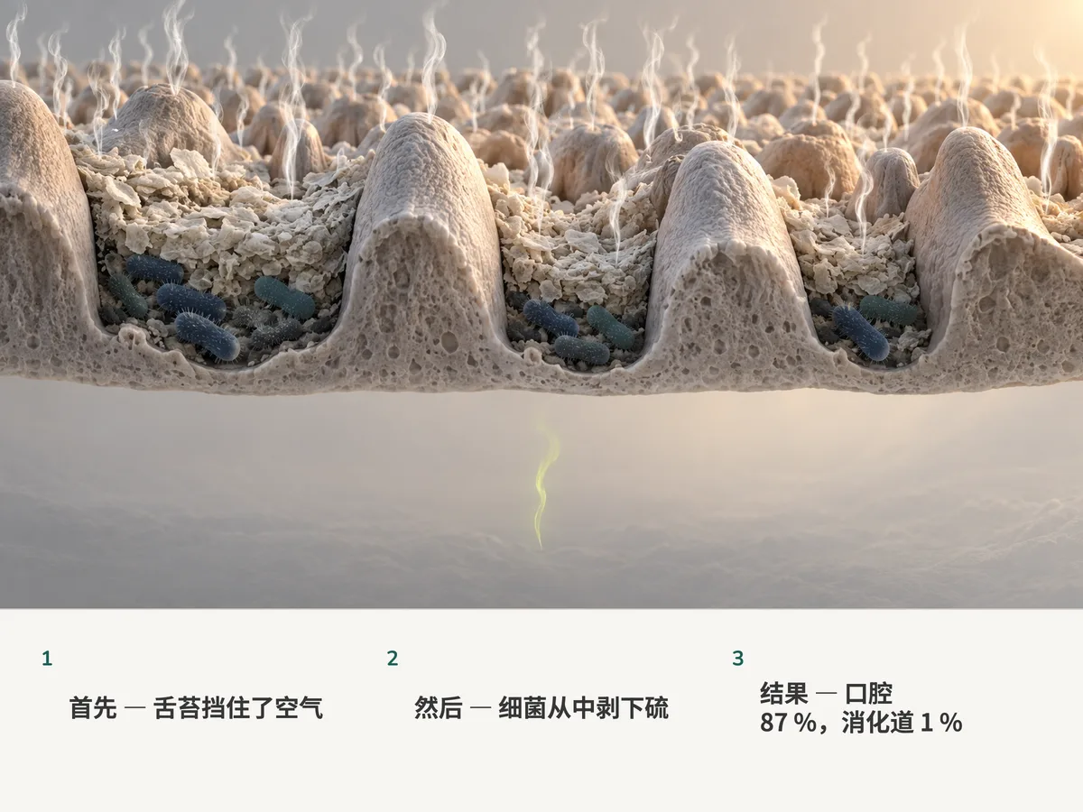 插图：一大片硫化气体的羽流从舌根舌苔里的细菌上升起，而从更深处只升起细细的一缕