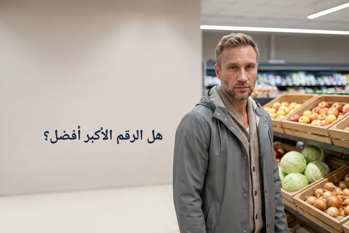 هل الرقم الأكبر أفضل؟ — رجل خالي اليدين في ممر الخضار في أواخر الصباح