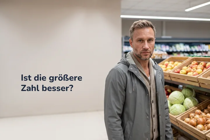 Ist die größere Zahl besser? — ein Mann mit leeren Händen im Gemüsegang am späten Vormittag