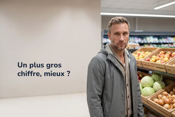 Un plus gros chiffre, mieux ? — un homme les mains vides au rayon des fruits et légumes en fin de matinée