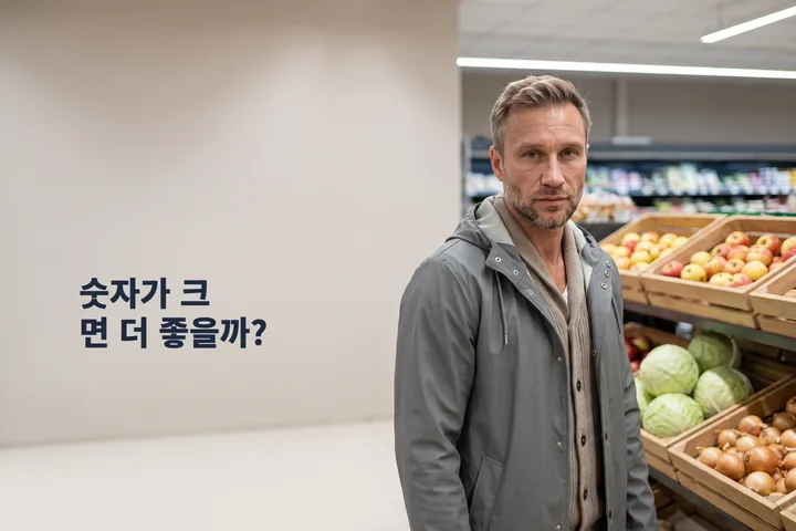 숫자가 크면 더 좋을까? — 오전 늦은 시간, 한 남성이 빈손으로 채소 매대 앞에 서 있다