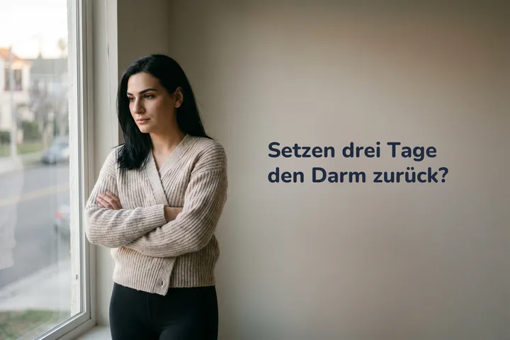 Setzen drei Tage den Darm zurück? — eine Frau am Wohnzimmerfenster im späten Licht, die Arme verschränkt