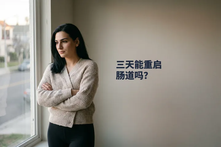 三天能重启肠道吗？ — 暮色渐深，一位女性抱着手臂站在客厅窗前