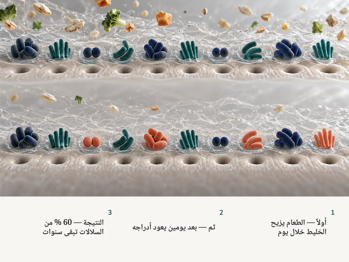 رسم توضيحي: صفّان من عشر مجموعات من بكتيريا الأمعاء في المخاط والطعام ينساب إليها؛ في الصف اللاحق ست مجموعات كما هي وأربع حل محلها وافدون جدد