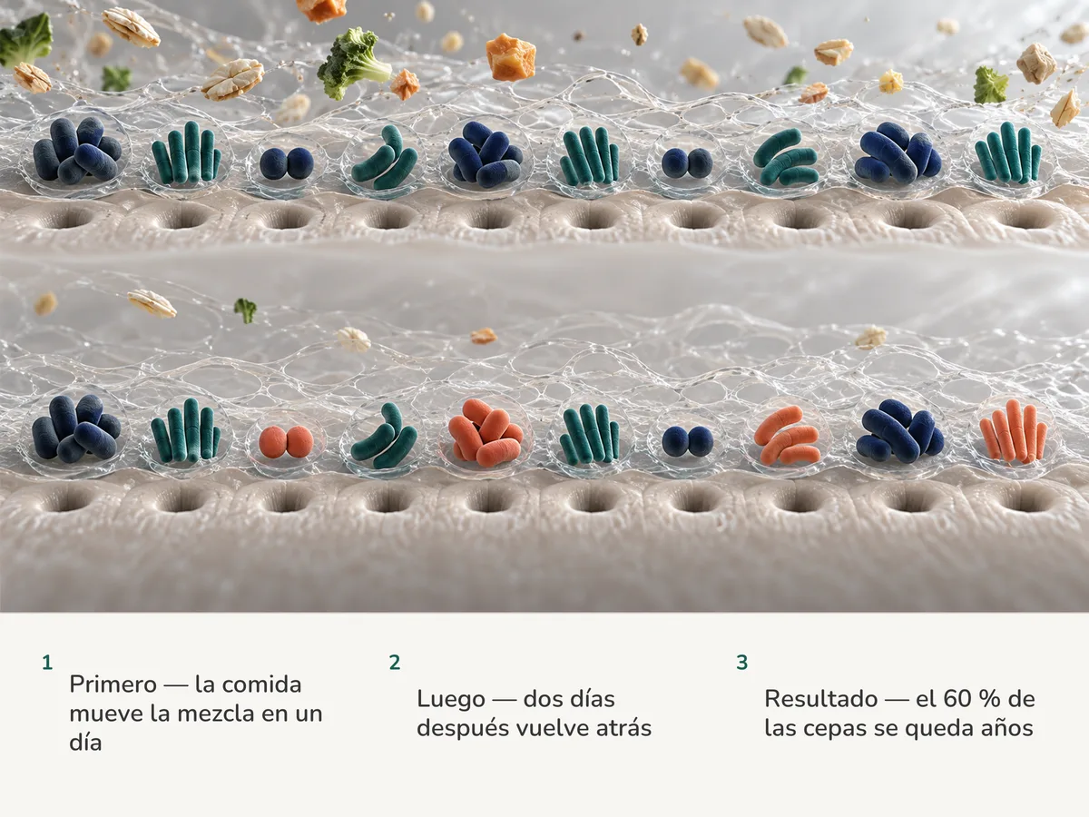 Ilustración: dos filas de diez grupos de bacterias intestinales en el moco mientras llega la comida; en la fila posterior seis grupos siguen iguales y cuatro están sustituidos por recién llegados