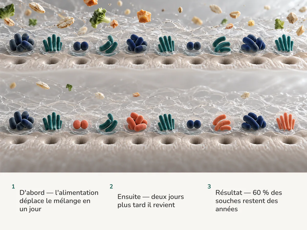Illustration : deux rangées de dix groupes de bactéries intestinales dans le mucus tandis que des aliments dérivent ; dans la seconde rangée, six groupes sont inchangés et quatre sont remplacés par des nouveaux venus