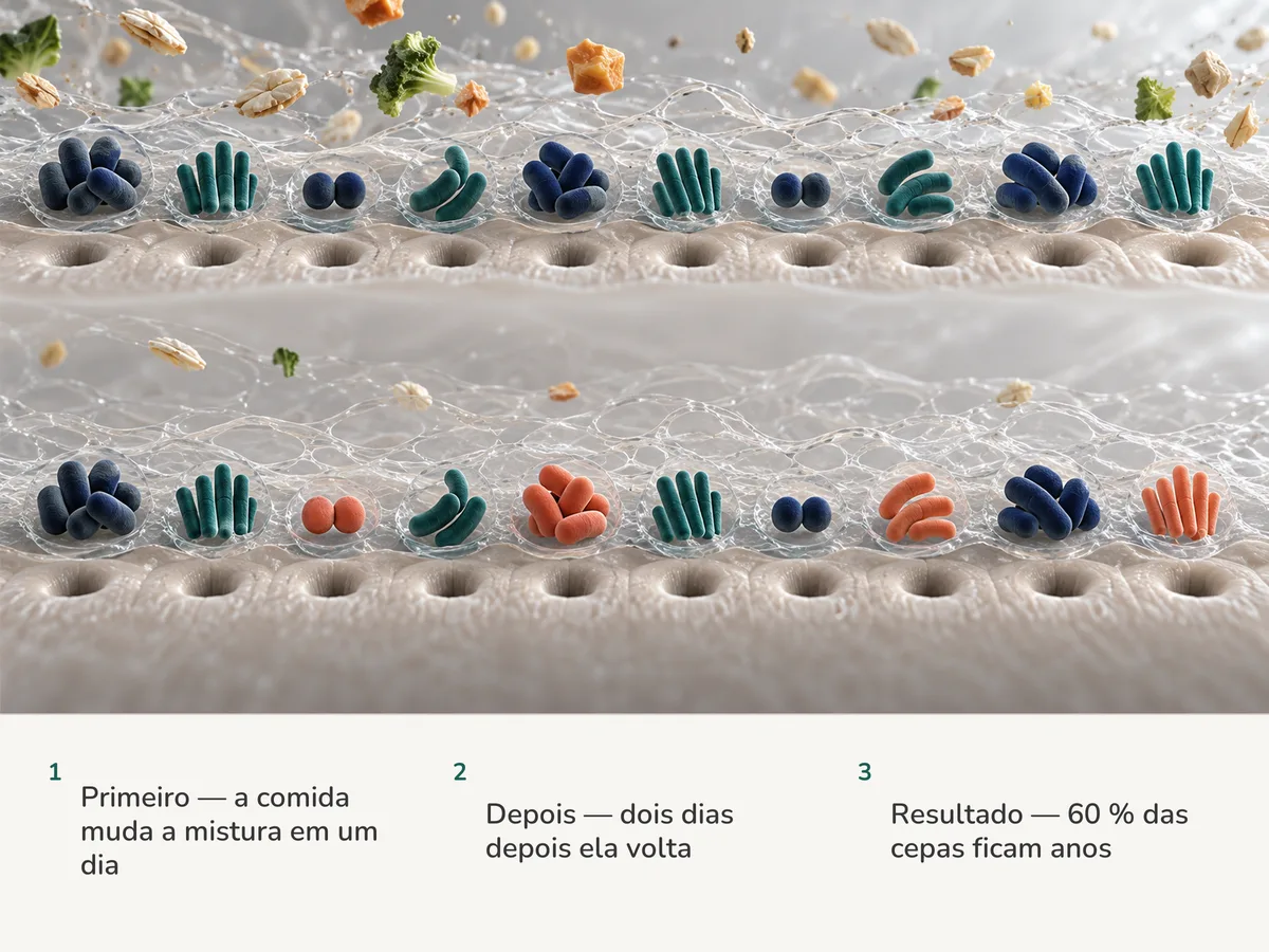 Ilustração: duas fileiras de dez grupos de bactérias do intestino no muco enquanto a comida chega; na fileira de trás, seis grupos seguem iguais e quatro foram trocados por recém-chegados