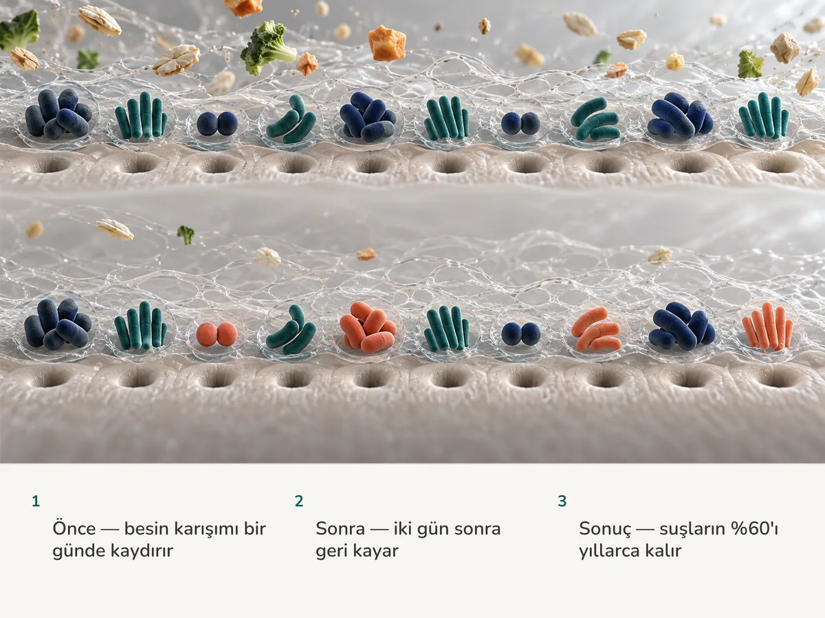 İllüstrasyon: besin süzülürken mukusta on bağırsak bakteri grubundan iki sıra; sonraki sırada altı grup aynı kalmış, dördünün yerini yeni gelenler almış