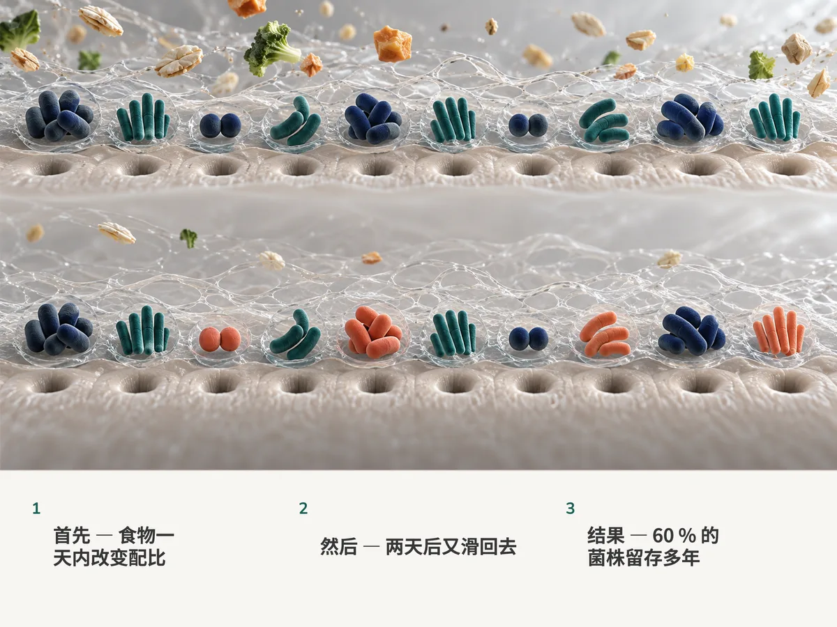插图：黏液里两排各十组肠道细菌，食物飘进来；后一排里六组原封不动，四组被新来者取代
