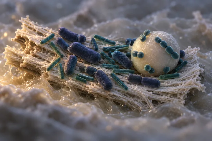 Ilustración: bacterias intestinales gruesas en forma de bastón y parejas de células redondas pequeñas posadas en un trozo de fibra vegetal