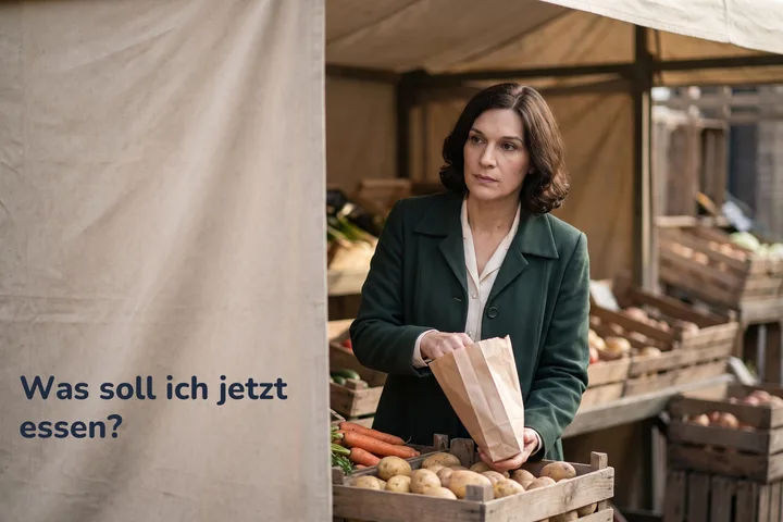 Was soll ich jetzt essen? — eine Frau vormittags am Marktstand, eine Papiertüte mit Gemüse in der Hand