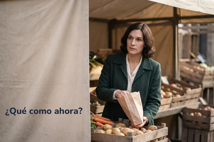 ¿Qué como ahora? — una mujer en un puesto del mercado por la mañana, con una bolsa de papel con verduras en la mano