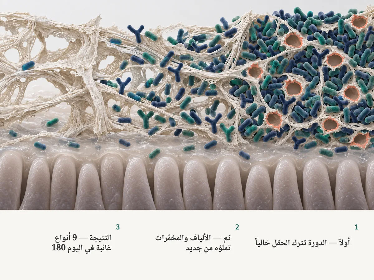 رسم توضيحي: ألياف نباتية فوق بطانة الأمعاء، تكاد تكون خالية بعد المضادات الحيوية، ثم تمتلئ بالبكتيريا على امتداد خيوطها، وأخيراً تعود مزدحمة مع تسعة مواضع تبقى فارغة