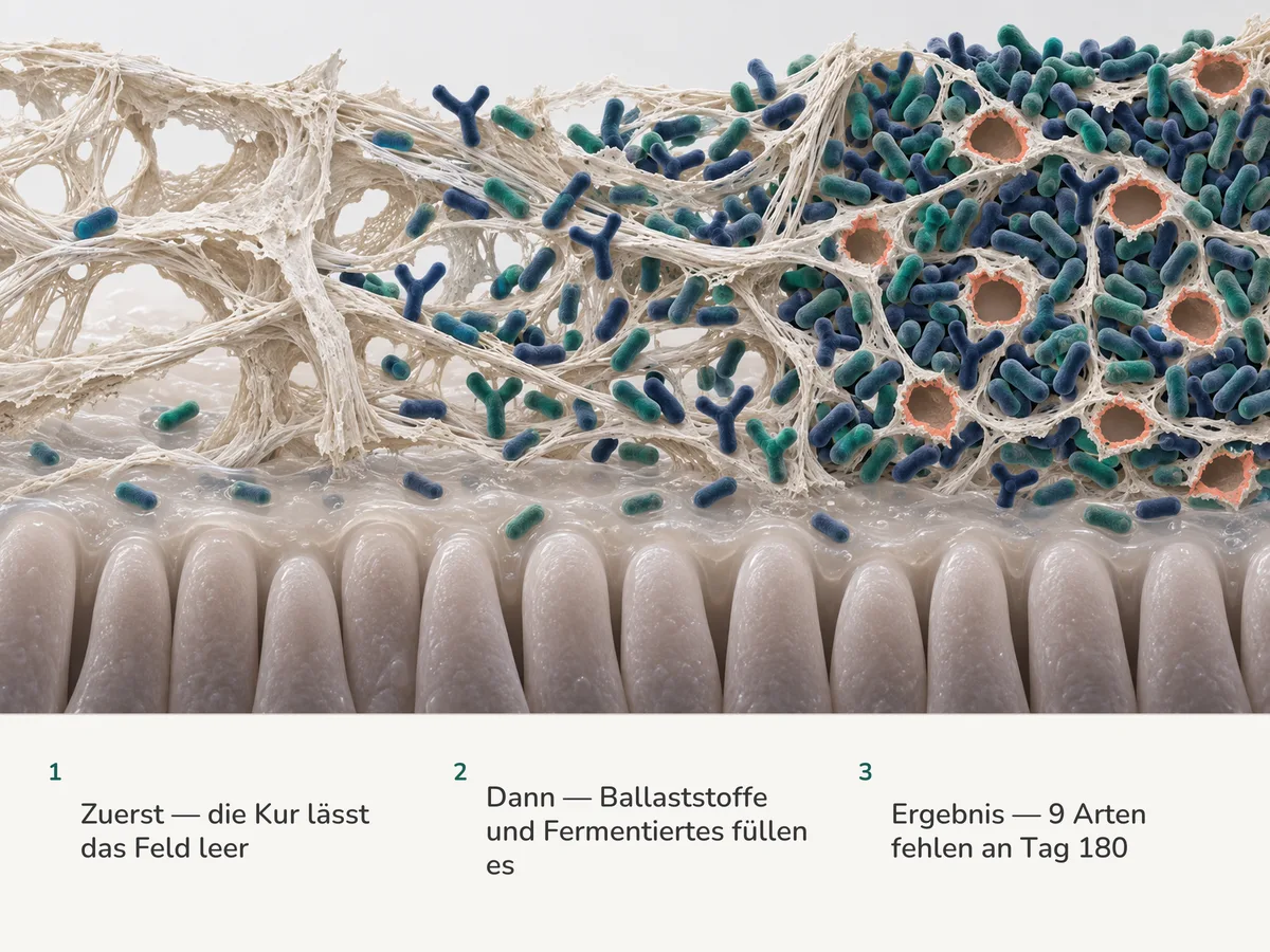 Illustration: Pflanzenfaser über der Darmschleimhaut, nach Antibiotika fast leer, dann füllt sie sich entlang ihrer Stränge mit Bakterien, und zuletzt ist sie wieder dicht besetzt, doch neun Plätze bleiben frei