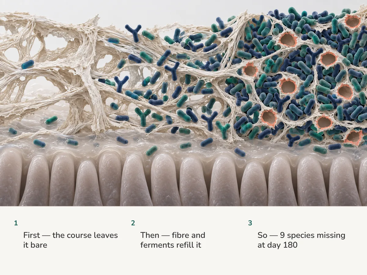 Illustration: plant fibre over the gut lining, almost bare after antibiotics, then filling with bacteria along its strands, and at last crowded again with nine places left empty