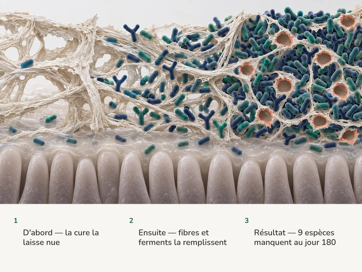 Illustration : de la fibre végétale sur la muqueuse intestinale, presque nue après les antibiotiques, puis se peuplant de bactéries le long de ses brins, et enfin de nouveau dense avec neuf places restées vides
