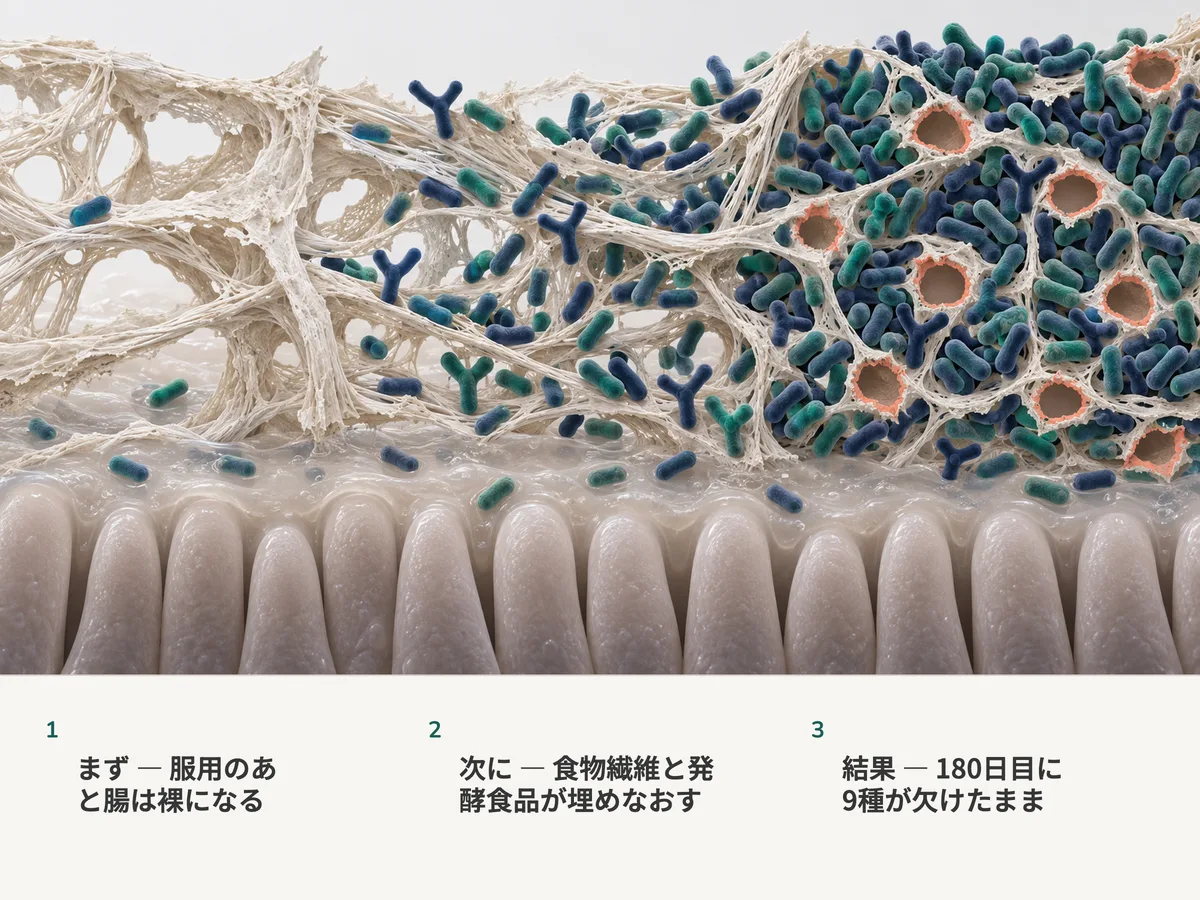 イラスト：腸粘膜の上の植物繊維。抗生物質のあとはほぼ裸で、やがて繊維に沿って細菌が増え、最後は九か所を空けたまま再びひしめく