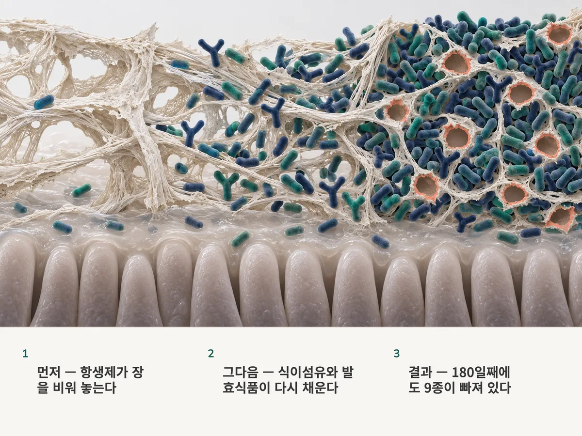 일러스트: 항생제 뒤 거의 벌거벗은 장 점막 위의 식물 섬유가 가닥을 따라 세균으로 채워지고, 마침내 아홉 자리가 빈 채 다시 빽빽해진다