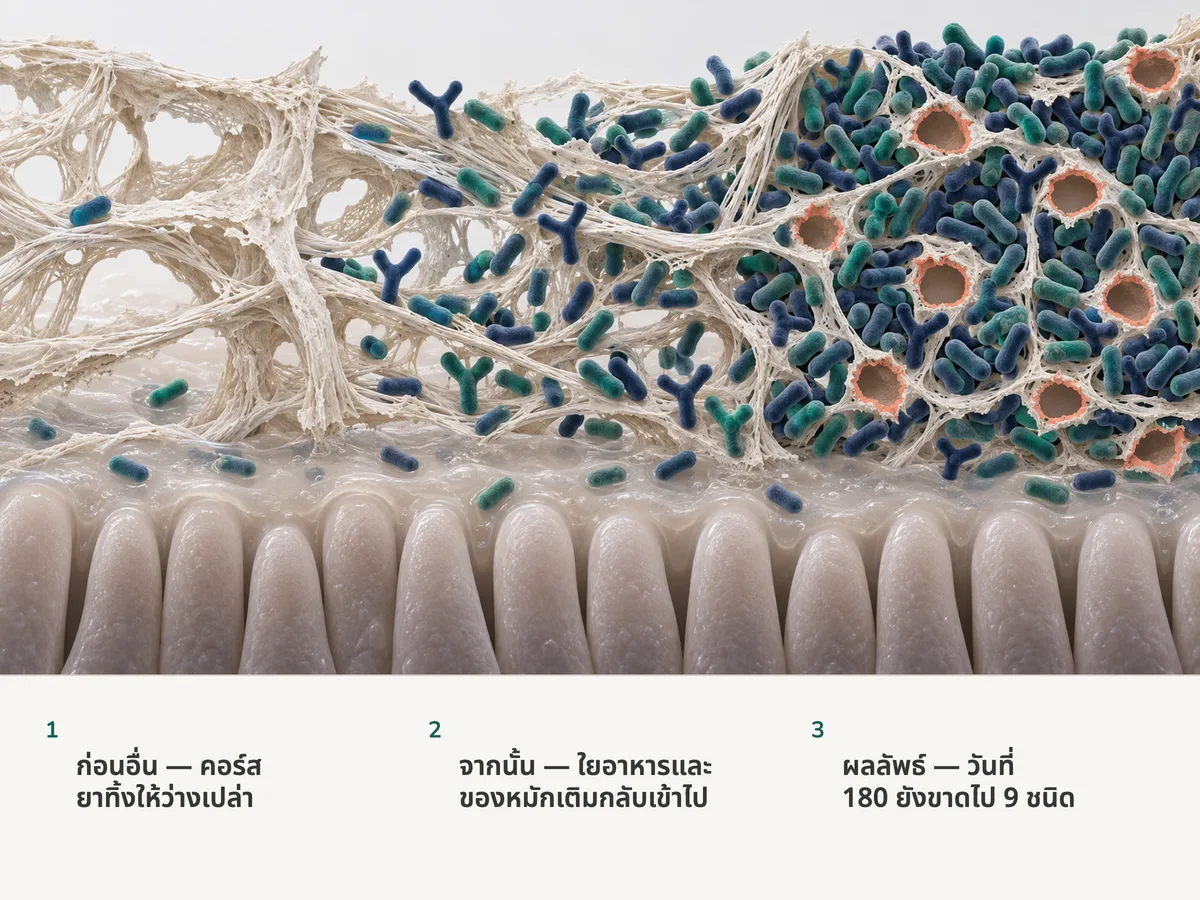 ภาพประกอบ: ใยอาหารจากพืชวางอยู่เหนือเยื่อบุลำไส้ แทบโล่งหลังยาปฏิชีวนะ แล้วค่อย ๆ เต็มไปด้วยแบคทีเรียตามเส้นใย และในที่สุดก็หนาแน่นอีกครั้งโดยยังมีที่ว่างเหลืออยู่เก้าที่
