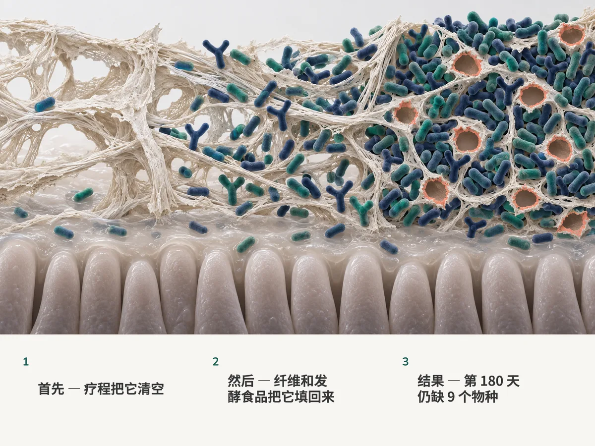 插图：肠黏膜上的植物纤维，抗生素之后几乎空无一物，随后细菌沿着纤维丝重新填入，最后又挤满，只留下九个空位