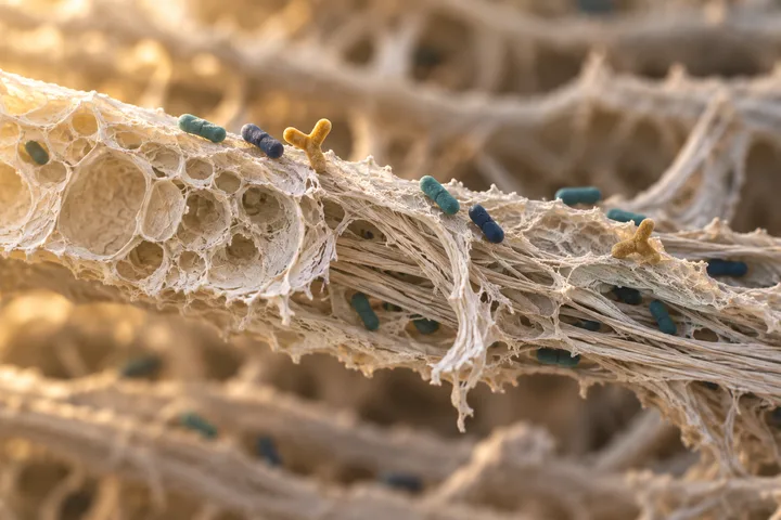 Ilustración: bacilos y bacterias intestinales bifurcadas vuelven a asentarse sobre paredes rotas de células vegetales con la luz suave de la mañana