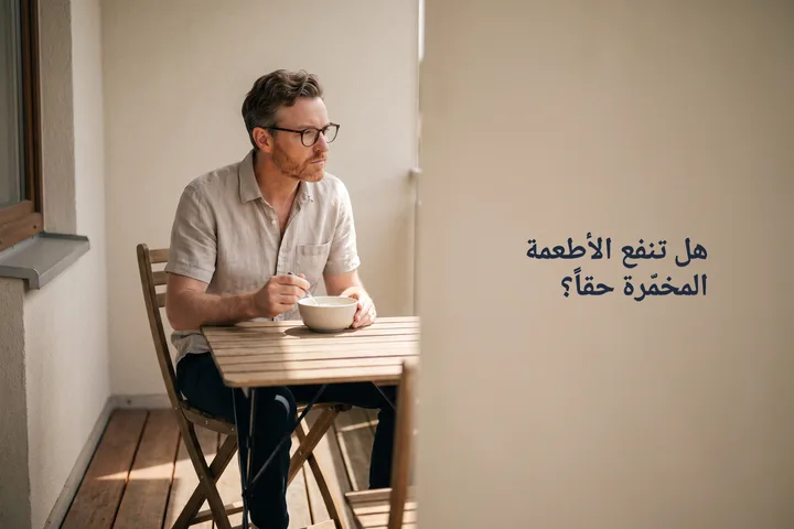 هل تنفع الأطعمة المخمّرة حقاً؟ — رجل يأكل كأس كفير على طاولة صغيرة في شرفته بعد الظهر