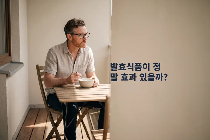 발효식품이 정말 효과 있을까? — 오후에 발코니의 작은 탁자에서 한 남성이 케피어 한 그릇을 먹는다
