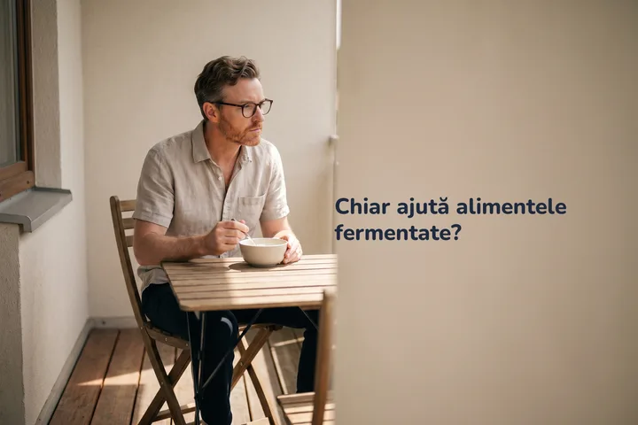 Chiar ajută alimentele fermentate? — un bărbat mănâncă un bol de chefir la o măsuță pe balcon, după-amiaza