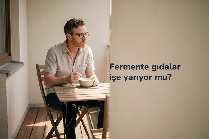 Fermente gıdalar işe yarıyor mu? — bir adam öğleden sonra balkonundaki küçük masada bir kâse kefir içiyor