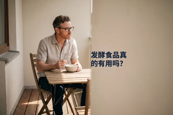 发酵食品真的有用吗? — 下午,一位男性在阳台的小桌旁吃一碗开菲尔