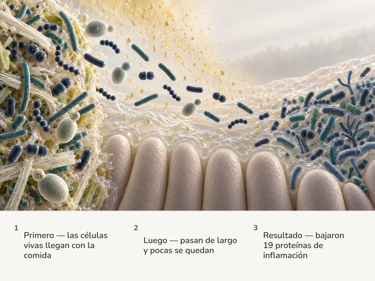 Ilustración: bacterias de un fermento vivo pasan sobre la mucosa intestinal; de veinte, una ocupa un lugar, los ácidos se filtran en el moco y las bacterias residentes acaban siendo más variadas