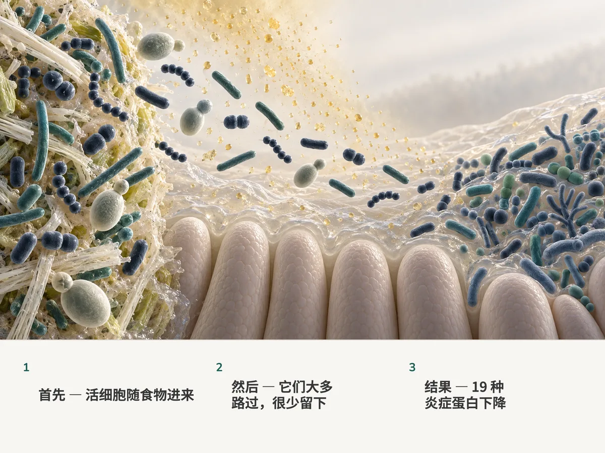 插图:来自活发酵食品的细菌漂过肠黏膜;二十个里有一个占住位置,酸渗进黏液,原住的细菌最终变得更多样