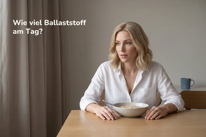 Wie viel Ballaststoff am Tag? — eine Frau früh am Morgen am Esstisch, vor ihr eine Schale Haferbrei