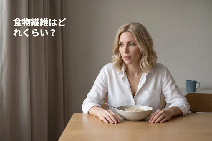 食物繊維はどれくらい？ — 早朝、女性が食卓についてオートミールの器を前にしている